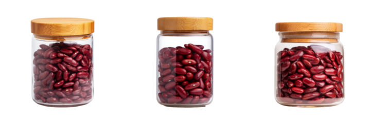 Colorful kidney beans in glass jars with transparent background kitchen setting food photography