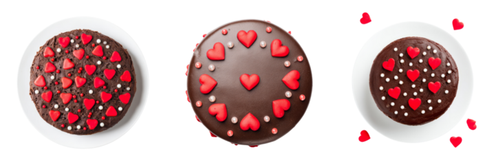 Delicious heart-decorated chocolate cake with transparent background romantic dessert scene