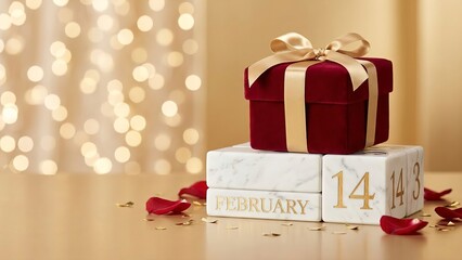 Elegant Valentine's Day gift with February 14th date blocks, perfect for romantic promotions and heartfelt greetings with festive lights backdrop
