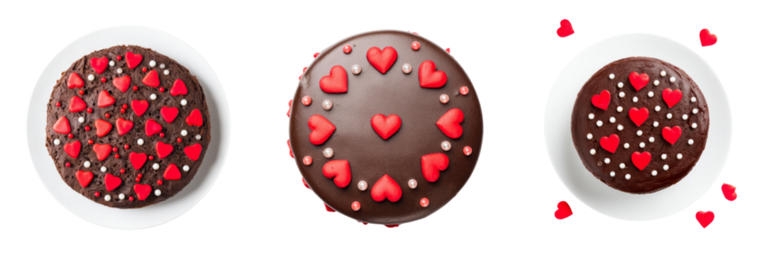 Delicious heart-decorated chocolate cake with transparent background romantic dessert scene