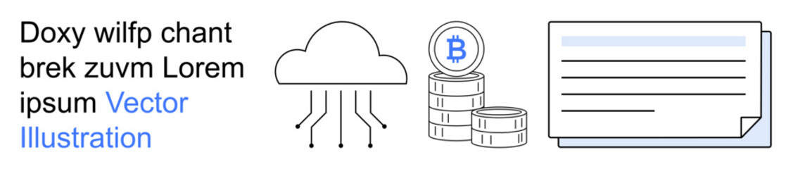 Blockchain, cryptocurrency, decentralized finance, cloud computing, digital security, fintech solutions. Cloud icon, Bitcoin coins and document. Blockchain and cryptocurrency concepts
