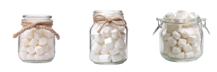 Delicious marshmallows in jars transparent background sweet treats modern kitchen close-up view
