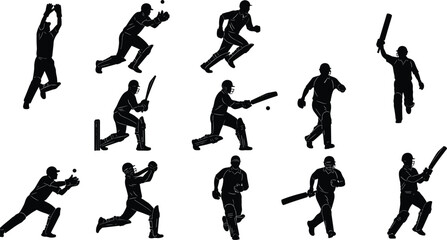 Collection of black silhouette cricket players in various action poses on white background