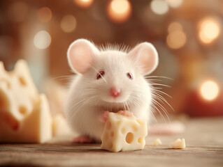 Fototapeta premium Adorable fluffy white mouse happily nibbling on a delicious piece of cheese