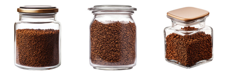 Refreshing instant coffee jars with transparent background studio close-up minimalist style