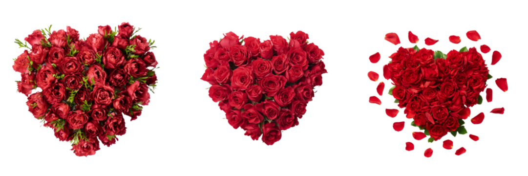 Heart-shaped red roses arrangement floral composition transparent background romantic style