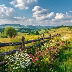 Fototapeta premium Idyllic Summer Meadow with Wildflowers, Old Wooden Fence, and Rolling Hills