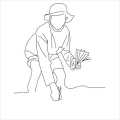 farmers plant rice, A man plants bunches of young rice in a paddie.