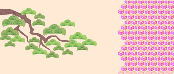 Traditional Japanese Art Background Pattern with cherry blossom, Sakura flowers, Chrysanthemum Vector  icon illustration for paper, cover, packages, clothing, kimono in vintage style