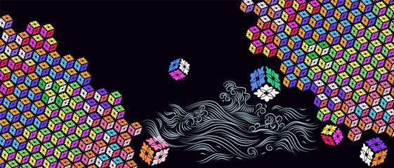 Traditional Japanese Art Background Pattern with cherry blossom, Sakura flowers, Chrysanthemum Vector  icon illustration for paper, cover, packages, clothing, kimono in vintage style