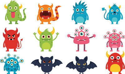 Collection of twelve colorful cartoon monsters and bats with various expressions and features