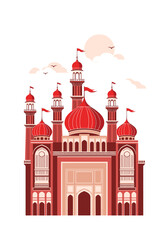 Obraz premium Imposing red domed mosque complex with towering minarets and ornate arches standing in a stylized cityscape against a pale sky.