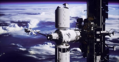 The International Space Station floats amidst the backdrop of Earth, showcasing its intricate structure and solar arrays against the vastness of space. - Powered by Adobe