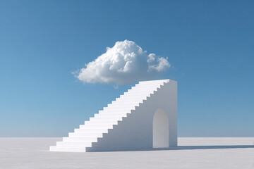 minimalist white staircase leading to a solitary cloud against a clear blue sky