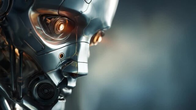 A metallic robot head with glowing eyes is set against a blurred, gradient background. The focus is on its smooth, reflective surface and intricate detailing