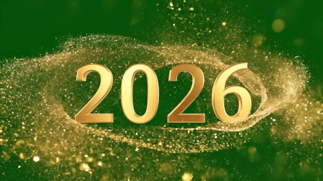Golden 2026 with shimmering lights on emerald green, a festive celebration of the New Year