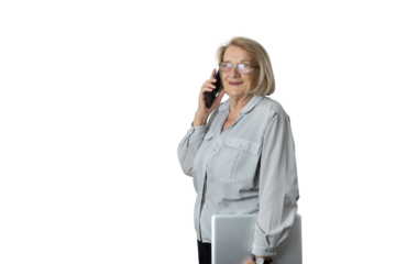 Senior businesswoman talking on phone with laptop