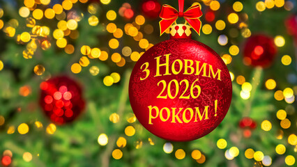 Happy New Year 2026 in ukrainian. Blurred background of Christmas tree decorated with big red ball and lights, toys, illumination. Bokeh. Greeting Postcard. Celebration.
