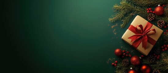 Green Christmas background with a gift box, red ribbon, pine branches, and festive ornaments forming a holiday corner frame.
