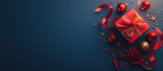 Dark blue Christmas background with gift boxes, red ornaments, and fir branches arranged along the edge creating a festive holiday frame.