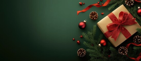 Green Christmas background with a gift box, red ribbon, pine branches, and festive ornaments forming a holiday corner frame.