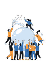 Diverse people unite around a large blue globe to celebrate teamwork and global unity as they raise their hands toward a brighter future together.
