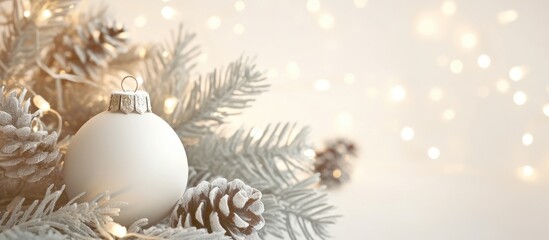 White Christmas ornament and frosted pine cones on snowy branches with soft golden bokeh lights creating an elegant holiday background.