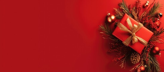 Red Christmas background with a gift box, pine branches, and festive ornaments in the corner creating a holiday border.