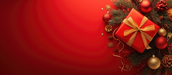 Red Christmas background with a gift box, pine branches, and festive ornaments in the corner creating a holiday border.