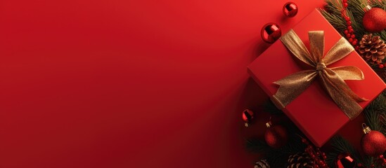 Red Christmas background with a gift box, pine branches, and festive ornaments in the corner creating a holiday border.