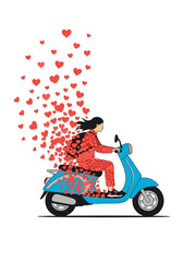 Romantic ride on a blue scooter where a woman in red travels as red hearts stream behind her signaling love and joyful motion.