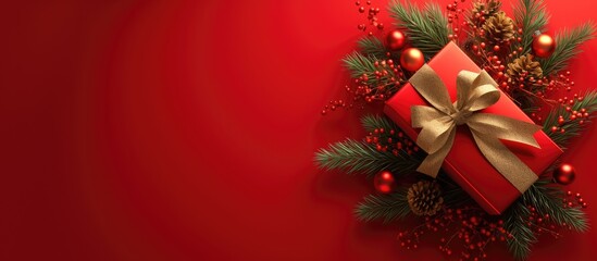 Red Christmas background with a gift box, pine branches, and festive ornaments in the corner creating a holiday border.