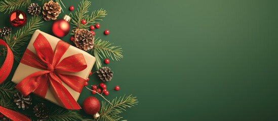 Green Christmas background with a gift box, red ribbon, pine branches, and festive ornaments forming a holiday corner frame.