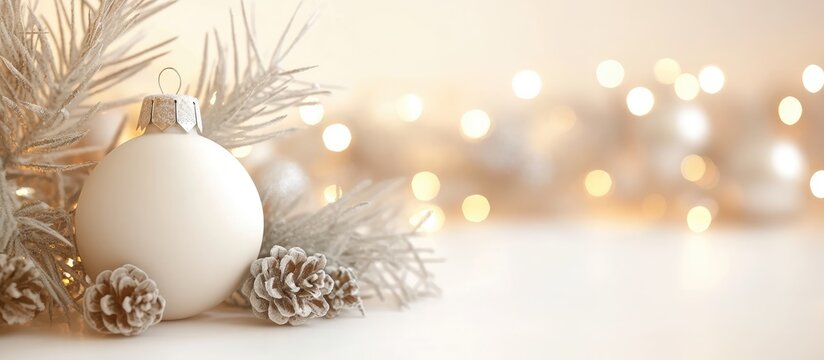 White Christmas ornament and frosted pine cones on snowy branches with soft golden bokeh lights creating an elegant holiday background.