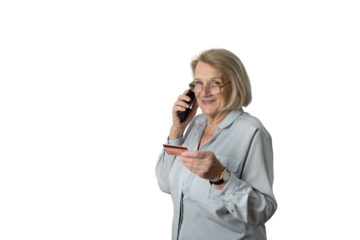 Senior woman making online credit card payment receiving assistance