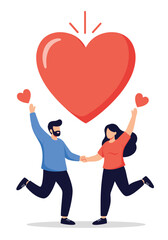 Joyful couple celebrates love as they hold hands and leap beneath a giant heart symbol expressing happiness romance and the magic of togetherness.