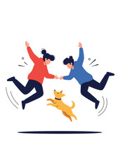 Two friends leap into the air as a cheerful dog runs between them celebrating a moment of playful energy and shared happiness for everyone watching.