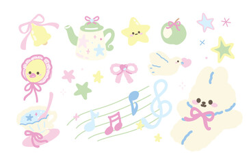 Set of Cute Kawaii Elements Set with Bunny, Baby Chick. Tea Cup, Teapot,  Stars, Music Note, Apple, Ribbon Bow Vector. flat design. 
