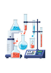 Colorful laboratory illustration shows glassware and equipment arranged for chemistry experiments with beakers test tubes flasks and a digital scale.