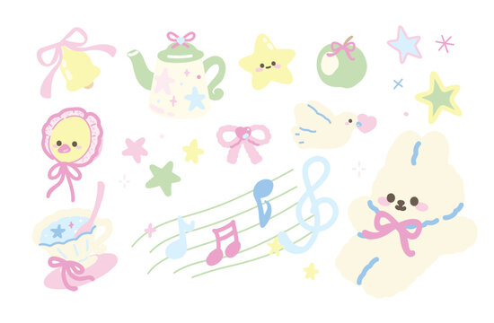 Set of Cute Kawaii Elements Set with Bunny, Baby Chick. Tea Cup, Teapot,  Stars, Music Note, Apple, Ribbon Bow Vector. flat design. 