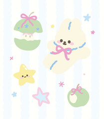 Cute bunny rabbit with apple, bite apple, stars illustration. Hand drawn Cartoon kawaii style. Vector. flat design. 