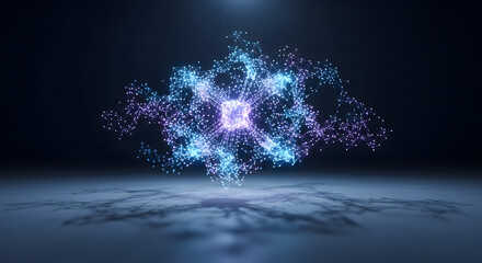 Abstract glowing network with central cube on a reflective surface in a dark environment concept art