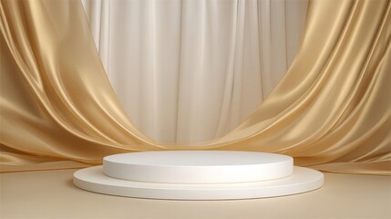 An elegant white stage platform with two tiers stands against luxurious drapery,