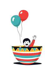 Cheerful child waves from a bright patterned birthday bowl while two colorful balloons float above in a festive party scene.