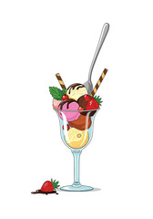 Colorful ice cream sundae in a tall glass topped with strawberries mint chocolate and wafer sticks with a long spoon resting inside.