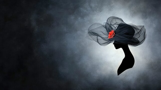 Artistic silhouette of a woman in a hat with a flower, set against a dramatic, textured background.