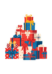 Towering stack of colorful gift boxes with festive ribbons and bows in red blue yellow and white forms a bright holiday centerpiece.