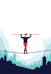 Persevering tightrope walker balances on a slender line above a stylized cityscape revealing focus courage and resilience amid urban heights.