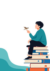 Calm scene shows a reader perched on a tall stack of books while a small bird lands on their finger and shares a quiet moment.