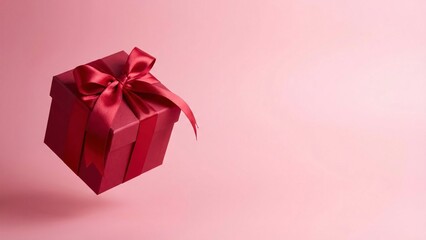 Elegant red gift box with satin ribbon floats against a soft pink backdrop, perfect for Valentine's Day promotions and birthday sales campaigns